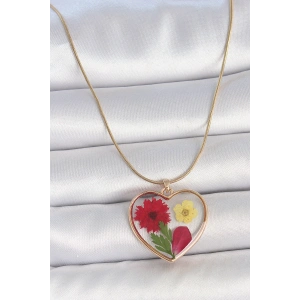 Erb 316L Çelik Gold Renk Zincir Epokis Kalp Doğal Çiçek Model Kadın Kolye