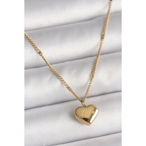 Erb 316L Çelik Gold Renk Zincir Love İşlemeli Kalp Figür Kadın Kolye