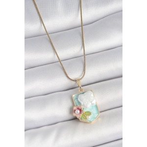 Erb 316L Çelik Gold Renk Zincir Mavi Mineli İncili Çiçek İşlemeli Portre Model Kadın Kolye