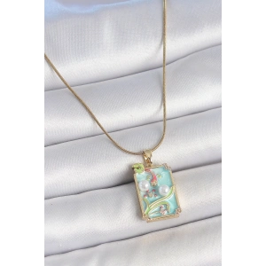 Erb 316L Çelik Gold Renk Zincir Mavi Mineli İncili Çiçek İşlemeli Portre Model Kadın Kolye