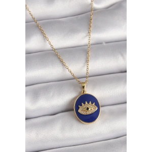 Erb 316L Çelik Gold Renk Zincir Mavi Mineli Zirkon Taşlı Göz İşleme Kadın Kolye