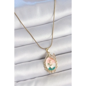 Erb 316L Çelik Gold Renk Zincir Mix Renk Çiçek İşlemeli Zirkon Taş Detaylı Portre Model Kadın Kolye