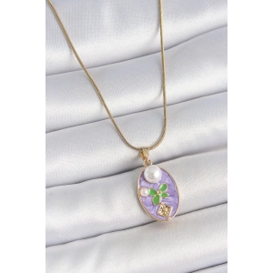 Erb 316L Çelik Gold Renk Zincir Mor Mineli Oval İncili Çiçek İşlemeli Portre Model Kadın Kolye