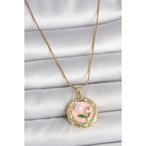 Erb 316L Çelik Gold Renk Zincir Pembe Çiçek İşlemeli Inci Detay Portre Model Kadın Kolye