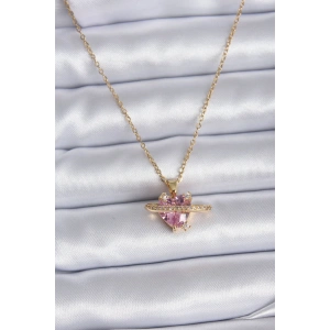 Erb 316L Çelik Gold Renk Zincir Pembe Kristal Kalp Model Zirkon Taş Detay Kadın Kolye