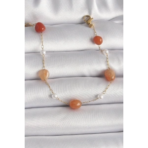 Erb 316L Çelik Gold Renk Zincir Turuncu Doğaltaş Model İnci Detay Kadın Bileklik