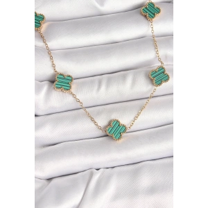 Erb 316L Çelik Gold Renk Zincir Yeşil Yonca Model Kadın Kolye