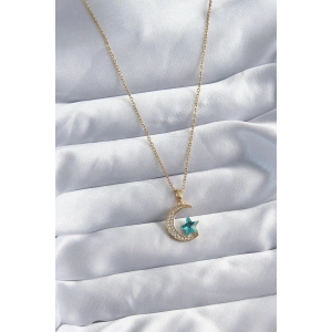 Erb 316L Çelik Gold Renk Zincir Zirkon Taş Detay Hilal Yıldızı Figür Kadın Kolye