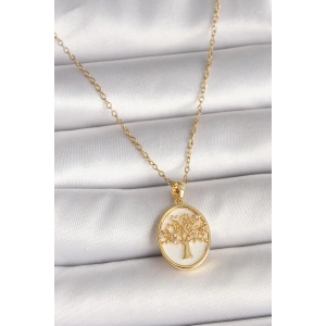 Erb 316L Çelik Gold Renk Zincir Zirkon Taş Detaylı Beyaz Mineli Ağaç İşlemeli Portre Model Kadın Kolye