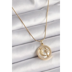 Erb 316L Çelik Gold Renk Zincir Zirkon Taş Detaylı Beyaz Sedefli Ay Yıldız Model Kadın Kolye