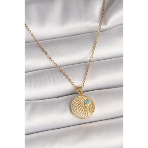Erb 316L Çelik Gold Renk Zincir Zirkon Taş İşlemeli Mavi Taş Detaylı Madalyon Model Kadın Kolye