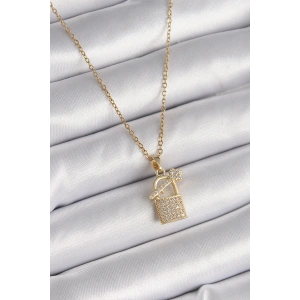 Erb 316L Çelik Gold Renk Zincir Zirkon Taşlı Asma Kilit Anahtar Model Kadın Kolye