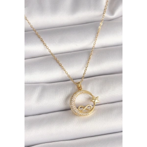 Erb 316L Çelik Gold Renk Zincir Zirkon Taşlı Ay Yıldız Model Sonsuzluk Detay Kadın Kolye