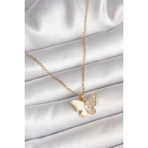 Erb 316L Çelik Gold Renk Zincir Zirkon Taşlı Beyaz Mineli Kelebek Model Kadın Kolye