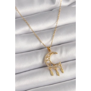 Erb 316L Çelik Gold Renk Zincir Zirkon Taşlı Hilal Model Sallantı Yaprak Detay Kadın Kolye