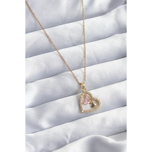Erb 316L Çelik Gold Renk Zincir Zirkon Taşlı Kalp Model Kadın Kolye