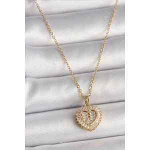Erb 316L Çelik Gold Renk Zincir Zirkon Taşlı Kalp Model Kadın Kolye