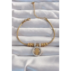 Erb 316L Çelik Gold Renk Zirkon Taş Aksesuarlı Fatma Ana Eli Bileklik