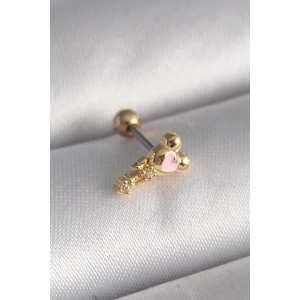 Erb 316L Çelik Gold Renk Zirkon Taş Detay Pembe Kalp İşleme Tragus Piercing