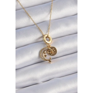 Erb 316L Çelik Gold Renk Zirkon Taşlı Ay Yıldız  Model Charm Model Kadın Kolye
