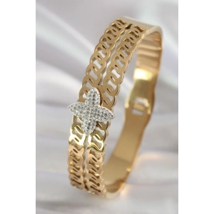 Erb 316L Çelik Gold Renk Zirkon Taşlı Çiçek Model Kadın Kelepçe