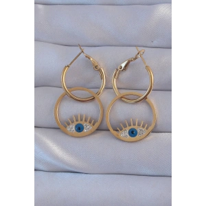 Erb 316L Çelik Gold Renk Zirkon Taşlı Mavi Göz Tasarımlı Halka Küpe