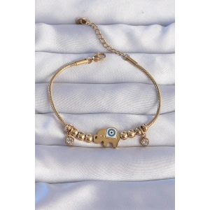 Erb 316L Çelik Gold Renk Zirkon Taşlı Nazarlı Fil Tasarımlı Bileklik