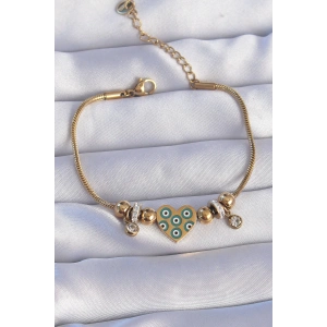 Erb 316L Çelik Gold Renk Zirkon Taşlı Nazarlı Kalp Tasarımlı Bileklik