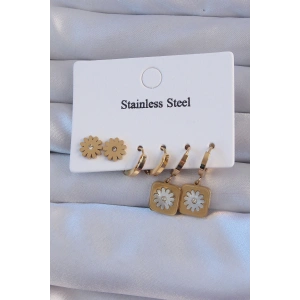 Erb 316L Çelik Gold Renk Zirkon Taşlı Sedefli Papatya Model Halka Küpe Seti