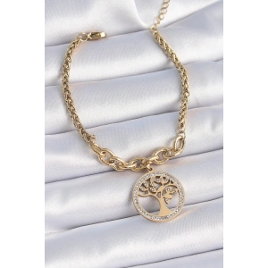 Erb 316L Çelik Gold Renk Zirkon Taşlı Yaşam Ağacı Figür Kadın Bileklik