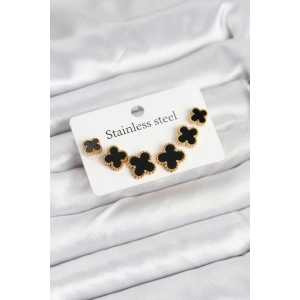 Erb 316L Çelik Gold Siyah Renk 3 Boy Yonca Küpe Seti