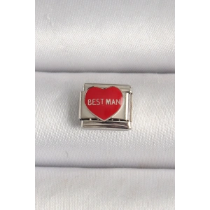 Erb 316L Çelik Gümüş Renk 'Best Man' Yazılı Kırmızı Kalp İşlemeli Nomination Charm