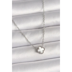 Erb 316L Çelik Gümüş Renk Beyaz Yonca Model Kadın Kolye