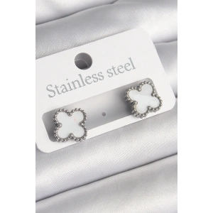 Erb 316L Çelik Gümüş Renk Beyaz Yonca Model Kadın Küpe