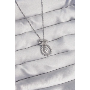 Erb 316L Çelik Gümüş Renk Fiyonk Detaylı Zirkon Taşlı Damla Model Kolye