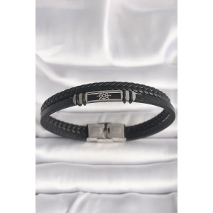Erb 316L Çelik Gümüş Renk Gemi Dümeni Figür Siyah Burgu Deri Kordon Model Erkek Bileklik