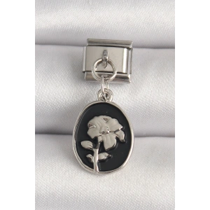 Erb 316L Çelik Gümüş Renk Gümüş Çiçek İşlemeli Siyah Portre Model Nomination Charm