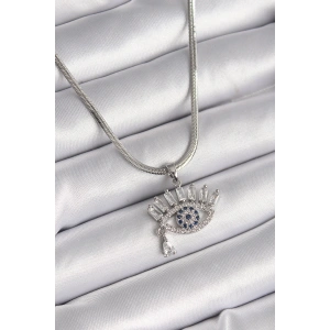 Erb 316L Çelik Gümüş Renk İtalyan Zincir Zirkon Taşlı Göz Model Kadın Kolye