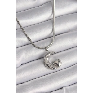 Erb 316L Çelik Gümüş Renk İtalyan Zincir Zirkon Taşlı Halil Figür Kalp Detay Kadın Kolye
