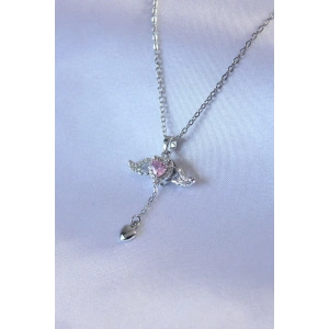 Erb 316L Çelik Gümüş Renk Kanatlı Kalp Figür Zirkon Taş Detay Kadın Kolye