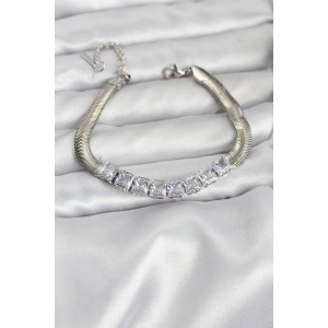 Erb 316L Çelik Gümüş Renk Kare Zirkon Taşlı Yılan Zincirli Kadın Bileklik