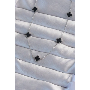 Erb 316L Çelik Gümüş Renk Minimal Siyah Mineli Yonca Kolye