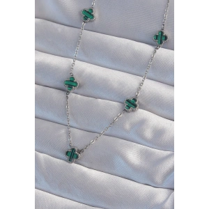 Erb 316L Çelik Gümüş Renk Minimal Yeşil Mineli Yonca Kolye