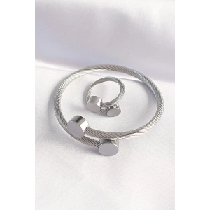Erb 316L Çelik Gümüş Renk Oval Aksesuarlı Burgu Model Bileklik Ve Yüzük Kombini