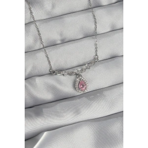 Erb 316L Çelik Gümüş Renk Pembe Zirkon Taşlı Damla Kolye