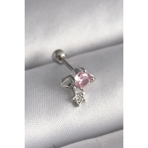 Erb 316L Çelik Gümüş Renk Pembe Zirkon Taşlı Sallantı Yıldız Detay Tragus Piercing