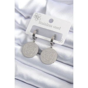 Erb 316L Çelik Gümüş Renk Pentagram İşleme Model Kadın Küpe