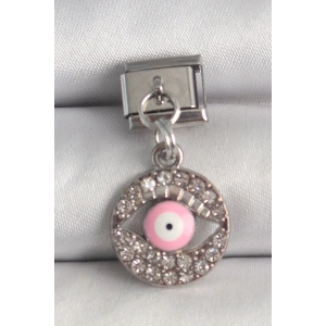 Erb 316L Çelik Gümüş Renk Sallantı Zirkon Taşlı Pembe Göz Model Nomination Charm