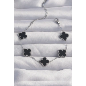 Erb 316L Çelik Gümüş Renk Siyah Mineli Yonca Bileklik