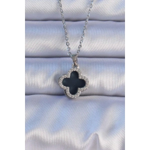 Erb 316L Çelik Gümüş Renk Siyah Mineli Zirkon Taşlı Yonca Figürlü Kolye